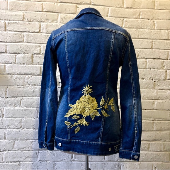 LulaRoe Jaxon gold roses blue denim jacket XS - Picture 2 of 7